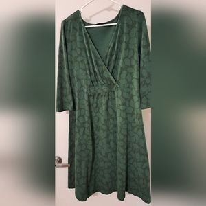 Lands' End green leafy empire waist surplice top cotton dress 0X